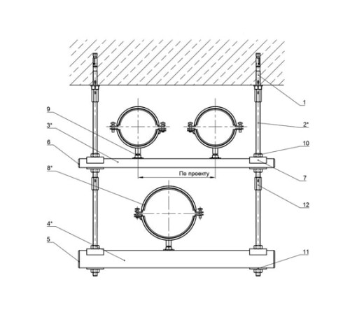 Крепления нескольких трубопроводов к перекрытию в Солигорске